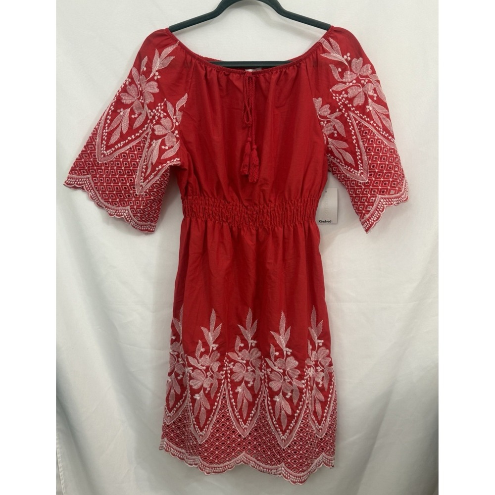 NWT Kindred Anthropologie Red Embroidered Dress Smocked Waist Scallop Hem Size M